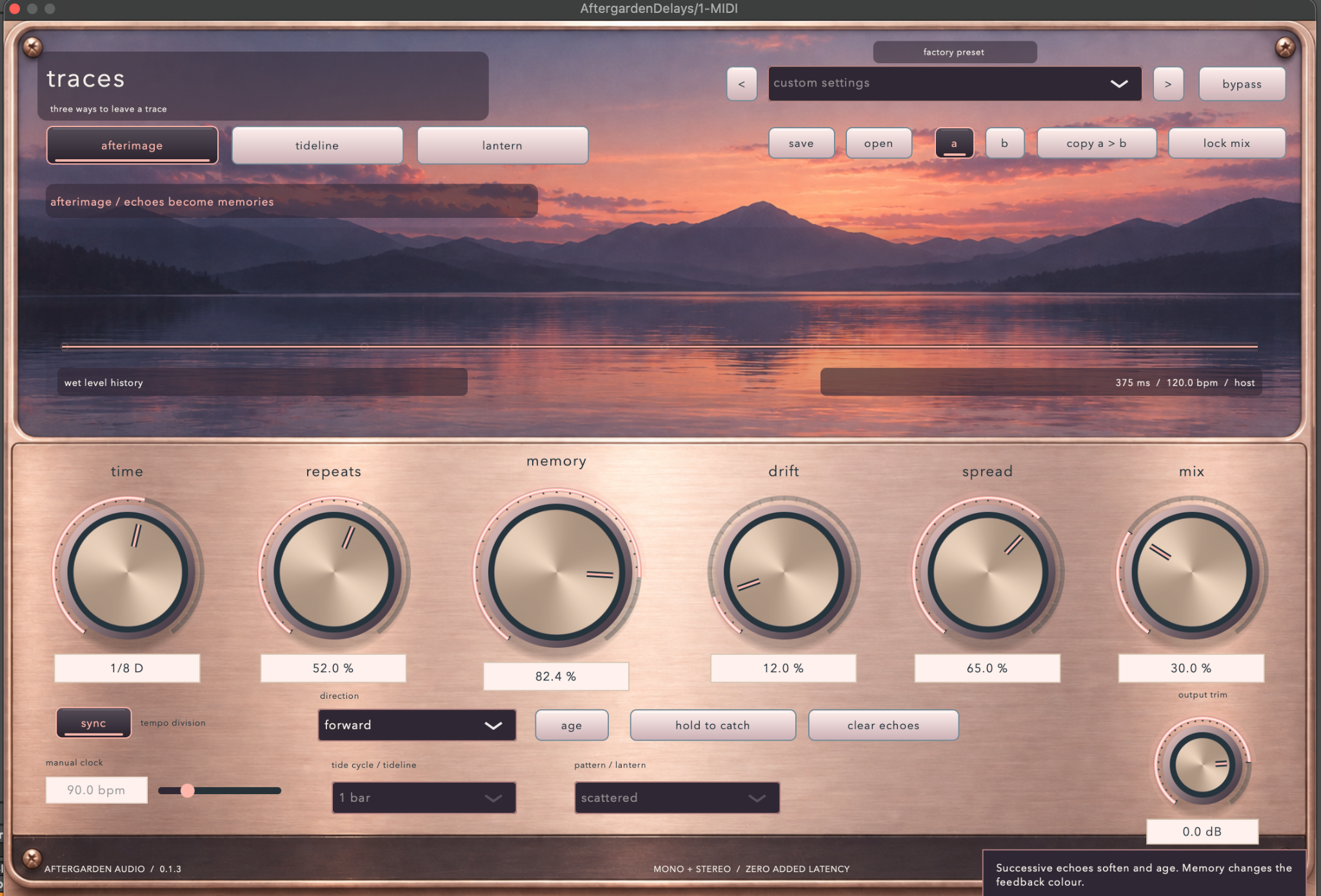 Traces creative delay plugin showing the Afterimage mode